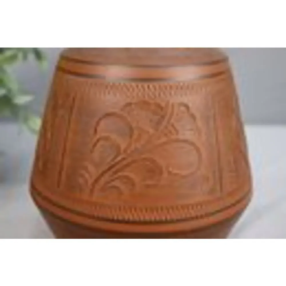 Vintage Intaglio Etched Redware Flower Vase, Signed Bottom